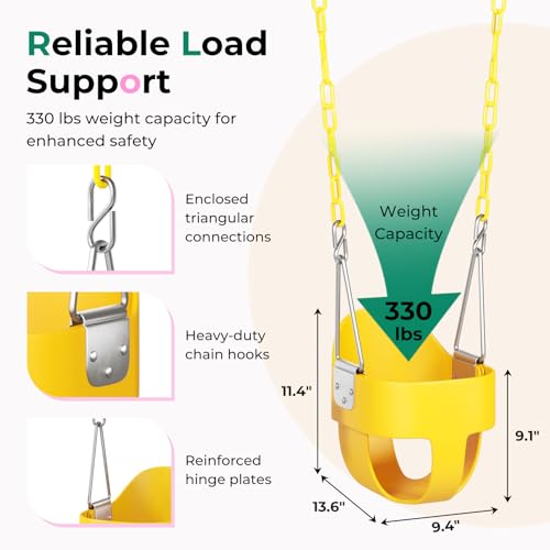 Image of DECORLIFE Toddler Swing - High Back Full Bucket Seat for Ages 1-3, 330lb Capacity, Baby Infant Swing Outdoor with Safety Design, Plastic-Coated Chains, Carabiners for Backyard, Garden-Yellow