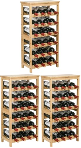 VASMIA Botellero de bambú para 24 Botellas, estantería con 6 Niveles para sótano, Cocina, Bar, Comedor, Soporte para Botellas de Madera con Tablero de Mesa, 41 x 24 x 81 cm, Natural (Paquete de 3)
