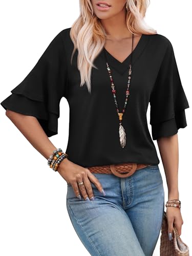 Image of OFEEFAN Spring Tops for Women Boho Shirts Fashion Clothing Cute 3 /4 Length Sleeve Blouses Dressy Casual Summer Outfits