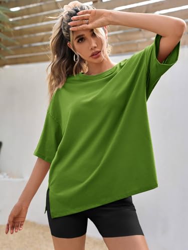 Image of Tankaneo Womens Oversized Tshirts Summer Casual Short Sleeve Crew Neck T Shirt Loose Fit Side Slit Tee Tops
