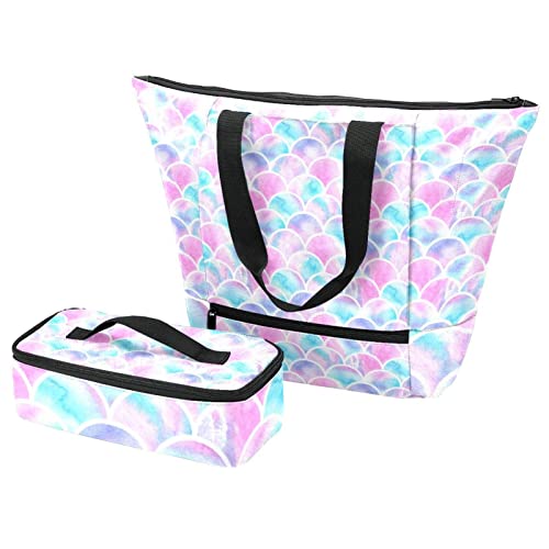 Grand sac fourre-tout sirène et lunch box isotherme rose et bleu