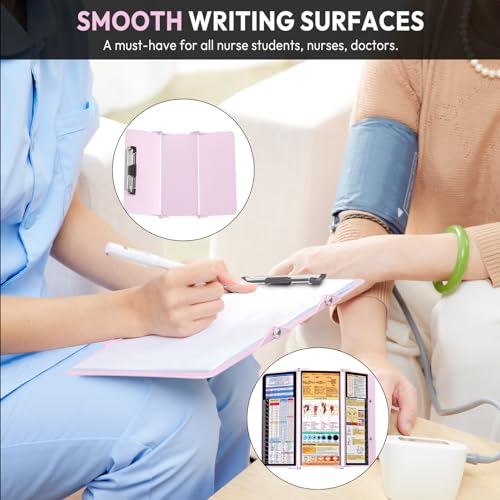 Image of Nursing Clipboard Foldable, Foldable Clip Board w /Nursing Edition Medical Charts,3 Layers Aluminum, Nurse Note w /Low Profile Clip&Pen Clip for Students, Nurses and Doctors, Baby Pink