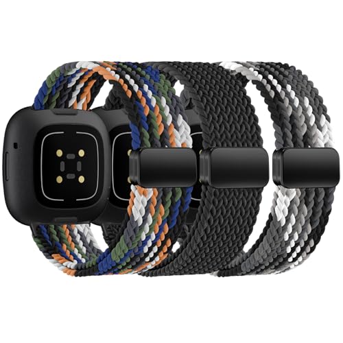 Image of HSWAI Magnetic Braided Compatible with Fitbit Versa 4 Bands for Women /Versa 3 /Sense /Sense 2 Bands, Soft Stretchy Sport Strap Woven Loop Elastic Nylon Wristbands Men