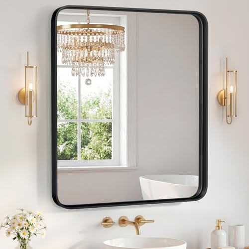 Image of Sweetcrispy Bathroom Mirror 40x36 Inch Metal Framed Rounded Rectangle Vanity Mirror for Wall, Over Sink, Farmhouse, Restroom, Anti-Rust, Modern Decorative, Horizontal or Vertical Hanging, Black