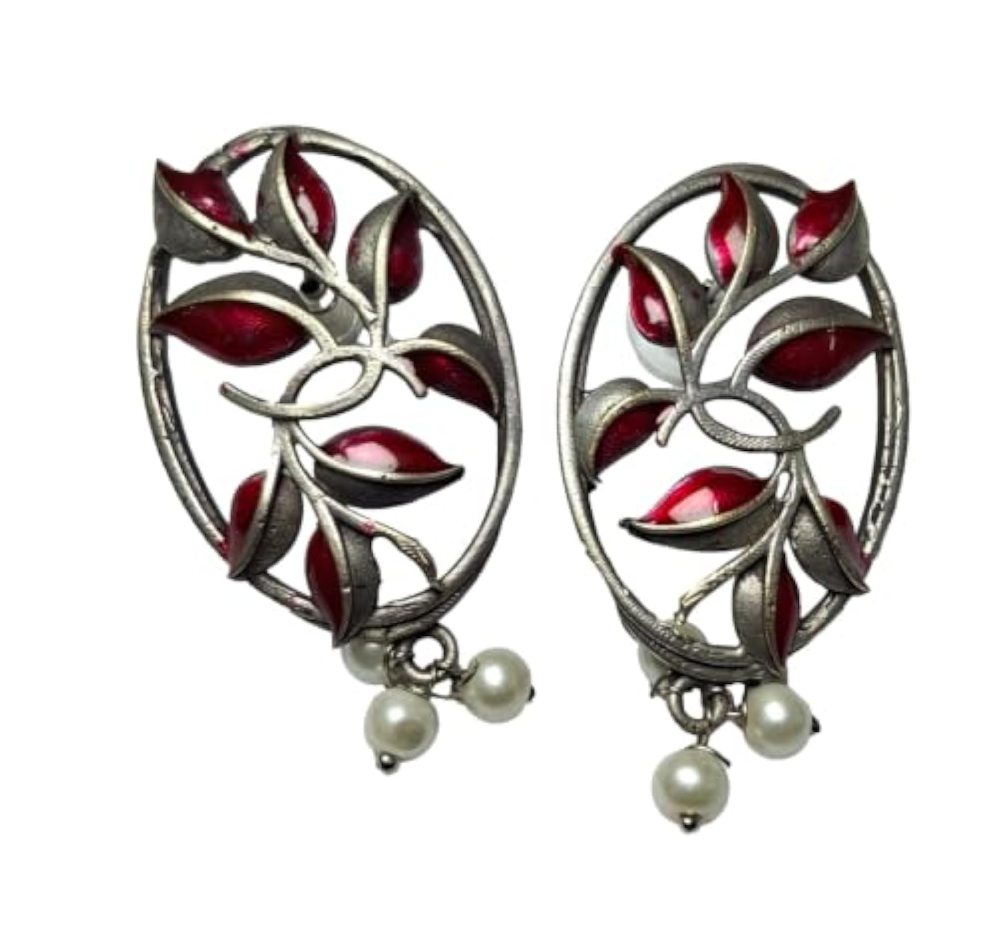 Women's Rani Pink Oval Shaped Oxidised Earrings, Fashion Statement