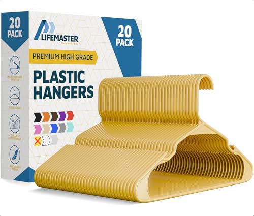 Lifemaster Plastic Clothes Hangers – Heavy Duty Hanger Set, for Organizing Clothes, Dresses, and Coat, Holds Up to 5 lbs, Space-Saving Hangers with Non-Slip Shoulder Grooves, Pack of 20, Yellow