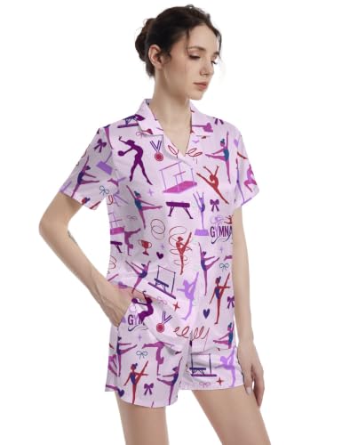 Image of Funny Pajamas for Women Set Print Satin Loungewear Pjs Short Sleeve Button Down Top and Shorts Sets Sleepwear XS-3XL