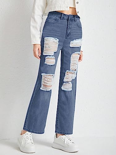 WDIRARA Girl's Graphic Butterfly Print Ripped Jeans Straight Leg Distressed Jean Pants4