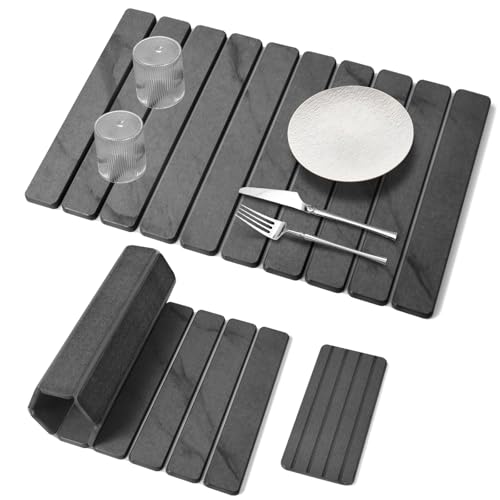 2 PCS Large Stone Dish Drying Mat for Kitchen Counter, 24'×16' Marble-Pattern Dish Drying Mat with 8'x 4' Coasters, Non - Slip Collapsible Absorbent Mat for Multi - Purpose, Match Any Countertop【Gray】