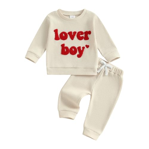 Image of Lesimsam Toddler Baby Boy Valentines Outfit Lover Boy Embroidery Long Sleeve Waffle Knit Sweatshirt and Pants Set