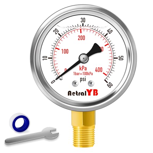 AetralYB 0-60 Psi Glycerin-Filled Pressure Gauge, 2-Inch Gauge, Stainless Steel, 1/4