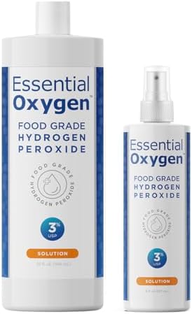 Essential Oxygen, Food Grade Hydrogen Peroxide, 8 + 32 fl oz, Natural Cleaner, 3%, 1-8 fl oz spray and 1-32 fl oz bottle, Refill, HP (Pack of 2)
