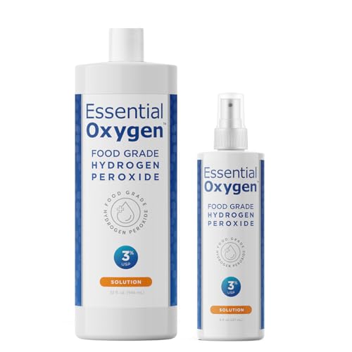 Essential Oxygen, Food Grade Hydrogen Peroxide, 8 + 32 fl oz, Natural Cleaner, 3%, 1-8 fl oz spray and 1-32 fl oz bottle, Refill, HP (Pack of 2)
