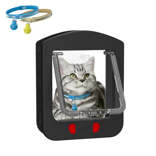 Cat Door for Interior Door and Exterior Door Pet Door with Collar Sensor and 2pcs of Cat Magnetic Collars 4 Way Locking Cat Door with Magnetic Flap Black