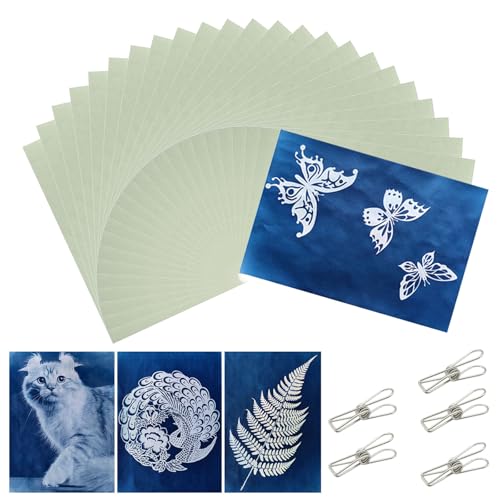 24 Stuks Sun Print Papier, A5 Cyanotype Papier, Papiers Solaire Sensible à la Lumière Cyanotype Kit, d'Impression et Dessin d'Art Solaire Haute Sensibilité pour Projet Bricolage Artisanat