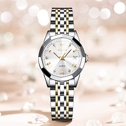 OLEVS Womens Watch Fashion Dress Diamond Female Watches for Ladies Analog Quartz Stainless Steel Waterproof Luminous Day Date Two Tone Wristwatch