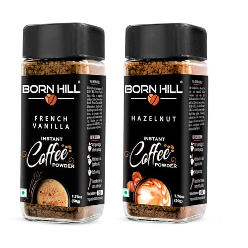 Image of BORN HILL Flavored Instant Coffee Combo, 2x50g | Hazelnut & French Vanilla Flavours | Makes 50 cups | 100% Arabica 0% Chicory | Hot & Cold Brew