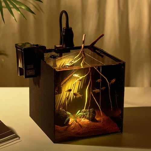 SANOSY 4 Gallon Fish Tank Low Iron Rimless Glass Aquarium Starter Kits Amazonian-Themed South American-Inspired with Adjustable-Focus Spotlights and Filter for Beginners Copyright Patent