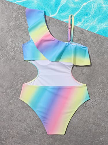 OYOANGLE Girl's One Piece Swimsuit Ombre Ruffle Trim Cut Out Sleeveless Swimwear Asymmetrical Bathing Suit2