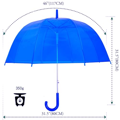 Kung Fu Smith Safe Kids Clear Umbrellas for Rain, Cute Blue Dome Bubble Umbrella for Kid Girls and Boys, Auto Open Plastic Transparent Stick Rain Umbrella