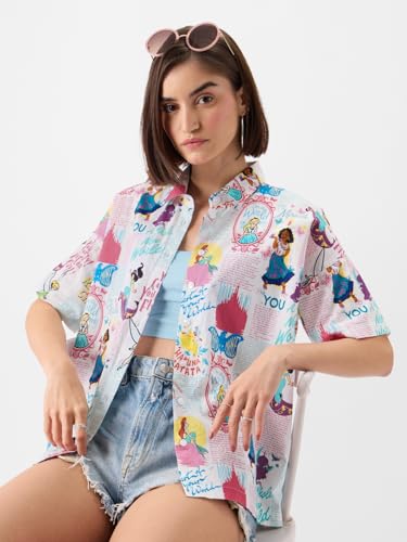Image of The Souled Store Official Disney 100: Classic Women and Girls Short Sleeves Collared Neck Button Front White All Over Printed Casual Summer Ready Easy to Style Cotton Boyfriend Shirts