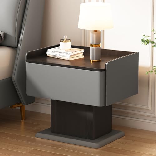 Table de Chevet Moderne en Bois Massif Gris avec Tiroir de Rangement pour Chambre