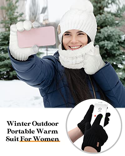 6 Pcs Women Winter Beanie Hat Scarf Touchscreen Gloves Set Knitted Fleece Pom Beanie Hat Neck Warmer Touchscreen Warm Glove for Cold Winter Women, Black and White - Thumbnail 2