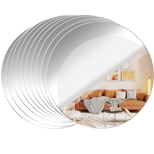 LOLYSIC 10Pcs Round Self Adhesive Acrylic Mirror, 25cm Frameless Stick On Mirrors Plates Non-Glass Circle Decorative Mirrors for Bathroom Living Room Bedroom Wall Decoration