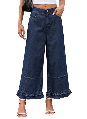 EVALESS Womens Wide Leg Jeans 2026 Trendy Mid-Rise Cropped Baggy Jeans Loose Fit Cute Ruffle Hem Plus Size Trouser Denim Pants with Pockets Sail Blue Size 18
