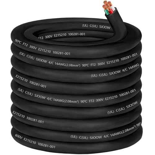 14/4 Wire SJOOW 14 AWG 4 Conductor Control Cable,14 Gauge 300V SJOOW Wire 4 Conductor OFC 14 AWG Cable for Portable Light/Mini Split Air Conditioner HVAC/Heat Pump/Speaker Systems/Light/Trailer-100ft