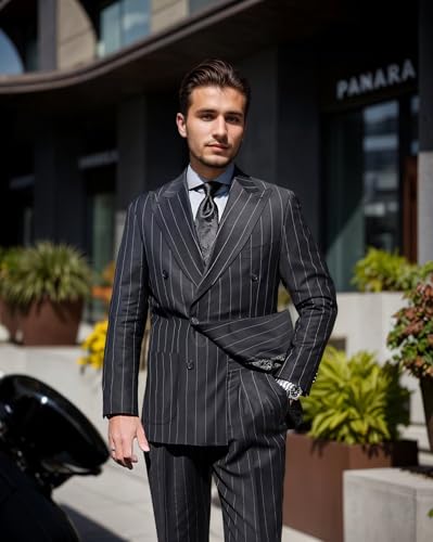 Pinstripe Suits for Men Double Breasted Tuxedo Regular Fit 2 Piece Blazer Pants Peak Lapel Suit Set for Wedding Prom2