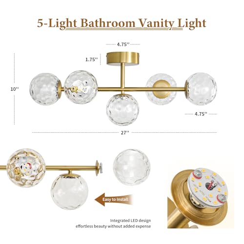 Gold Bathroom Vanity Light Fixtures: 5-Light Hammered Clear Glass Globe Light Fixture Bathroom Wall Sconce over Mirror - Mid Century Modern Gold Dimmable LED Brushed Brass Vanity Lighting Sconces by HONIEGG - Used condition - Image 4