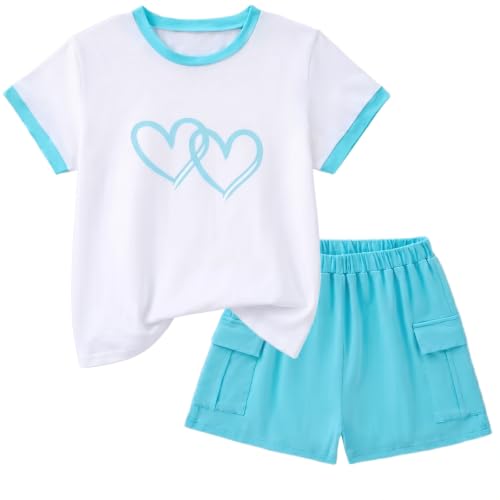 Woleroyir 2 Pieces Girl Clothes Summer Cute Heart Print Tops & Shorts Sets with Pockets for Kid 7-14 Years
