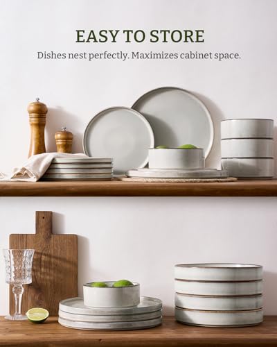 Image of Famiware Annecy Plates and Bowls Sets, Service for 4 (16 Pieces), Dinnerware Sets with Pasta Bowls, Microwave and Dishwasher Safe Dishes Set, Chip and Scratch Resistant, Grey White
