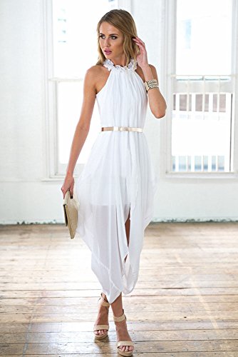Women's Sheer Chiffon Folds Hi Low Loose Dress Delicate Gold Belt2