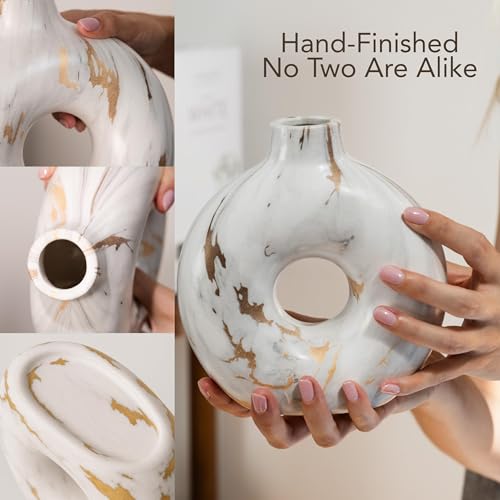 Modern Ceramic Donut Vase Set of 2 - Boho Design White and Gold Marble Pattern Vases for Flowers and Pampas - Elegant Home Decor Centerpieces for Coffee Tables - Entryways - Dining and Living Rooms - Image 6