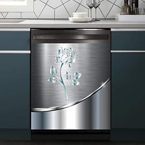 Stainless Steel Flowers Pattern Magnetic Dishwasher Cover,Roses Print Dishwasher Door Cover,3D Vision Floral Home Kitchen Decor Panel Decal,Stainless Steel Appliance Sticker