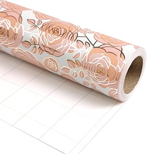 LDGOOAEL Mini Short Small Wrapping Paper Roll (17" X 120") - Pink Rose with Metallic Foil for Holiday, Mothers Day, Birthday, Wedding, Baby Shower