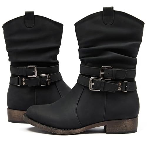 Ataiwee Women's Mid-Calf Cowboy Cowgirl Boots with Low Chunky Heel, Side Zipper, Motorcycle Style, Classic Round Toe,Fashion Western (Black/Dark Brown/Grey) Boots.2