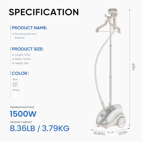 KMFurnila Garment Steamer for Clothes Standing, 1500W Efficient Clothes Steamer Standing with Wheels, Professional 58OZ Water Tank for Continuous Steaming, Fast Heating Wrinkle Remover - Thumbnail 7