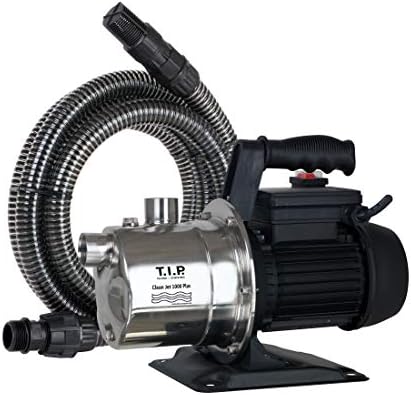 Bild 1 - T.I.P. 30094 Gartenpumpe Edelstahl Clean Jet 1000 Plus mit 4m Ansauggarnitur (3.300 l/h Fördermenge, Förderhöhe max. / Druck max. 46 m / 4,6 bar, stabile Metallgrundplatte)