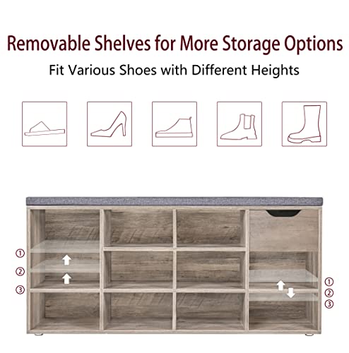 Dinzi Lvj Shoe Bench, Entryway Storage Bench With Drawer And 11 Cubbies, Cubby Shoe Rack With Adjustable Shelves, Shoe Organizer Cabinet For Living Room, Bedroom, Mudroom, Closet And Garage, Greige #TOP3