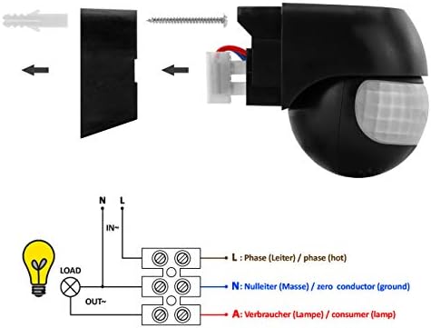 deleyCON 1x Infrared Motion Detector for Indoor and Outdoor Range up to 12m at 180° Swiveling Tiltable IP44 Splash Protection Black