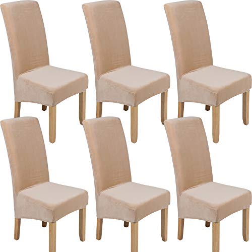 Colorxy Large Velvet Spandex Chair Covers for Dining Room Set of 6, Soft Stretch Chair Protectors Slipcovers, Removable and Washable, Beige