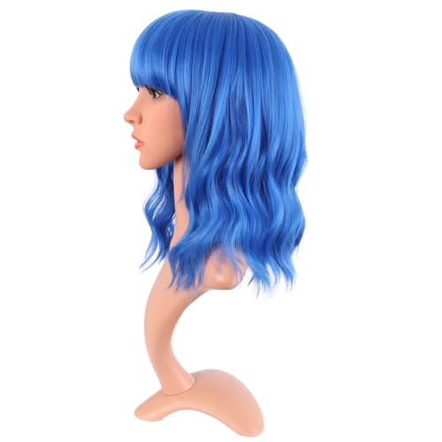 Image of MapofBeauty 14 Inch /35 cm Short Wavy Curly Women Fresh Bright Synthetic Ordinary Flat Bangs Bob Wig (Blue)