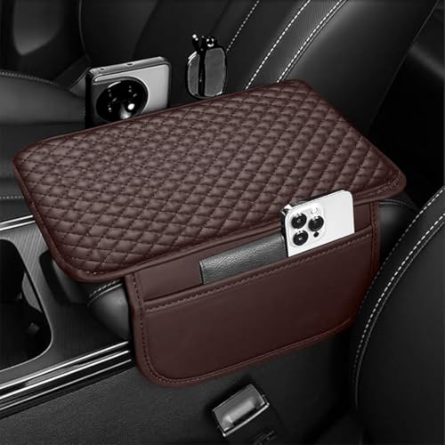 Lyrovo PU Leather Car Armrest Cushion Pad With Side Pockets, Universal Fit for All Car (Mocha)