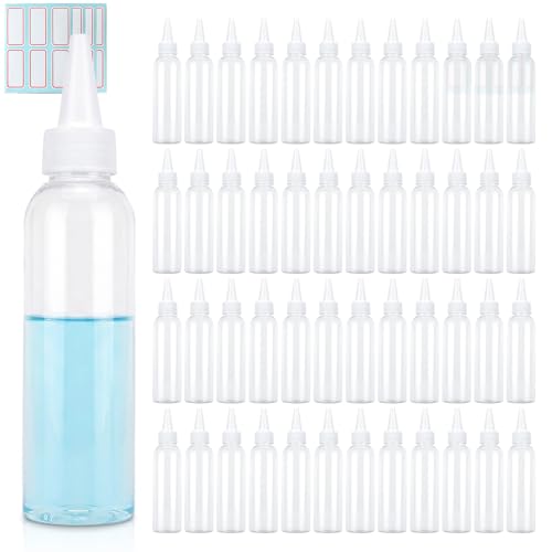 TRENDBOX 4oz Clear Plastic Bottles Applicator with Twist Top Cap BPA-Free For Hair Oils and Liquids 48 Pack with 48pcs Labels