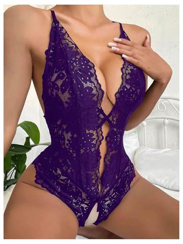 Image of SOLY HUX Women's One Piece Lingerie Sexy Lace Babydoll Deep V Teddy Criss Cross Backless Teddy Mini Bodysuit