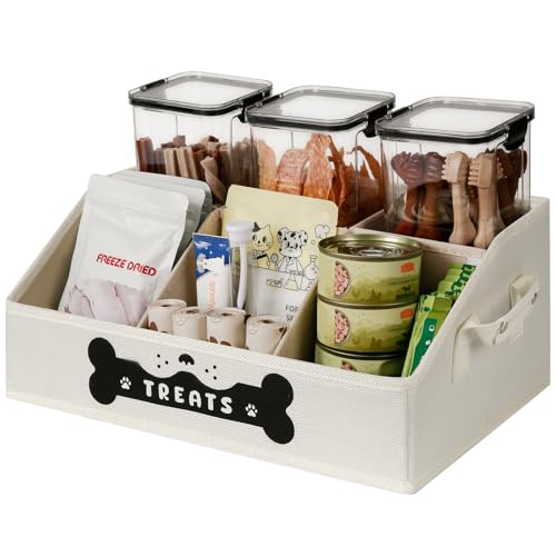 Dog Treat Contanier, Dog Storage Organizer with Removable Dividers, Collapsible Dog Treat Holder for Countertop, Trapezoid Pet Treat Containers for Dogs Food, Dog Toy Basket with PU Handles, Beige
