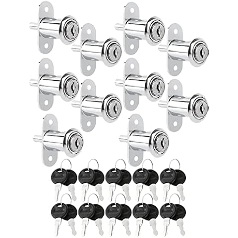 FVIEXE 10PCS Push Plunger Lock, 3/4" Cylinder Diameter 1-1/4" Cylinder Length, Cabinet Push Plunger Lock for Sliding Door Drawer Desk Wardrobe, Zinc Alloy Chrome Finish, Keyed Alike (19mm x 32mm) Cover